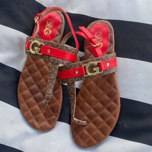 GBG Los Angeles Red and Brown Sandals with Gold Details